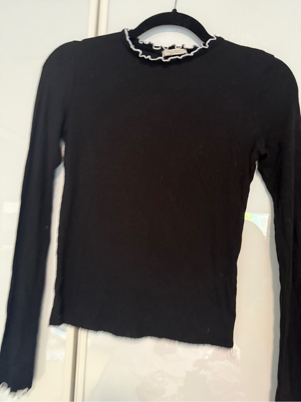 Zara Trafaluc Black Ribbed Top with White Lettuce Trim
